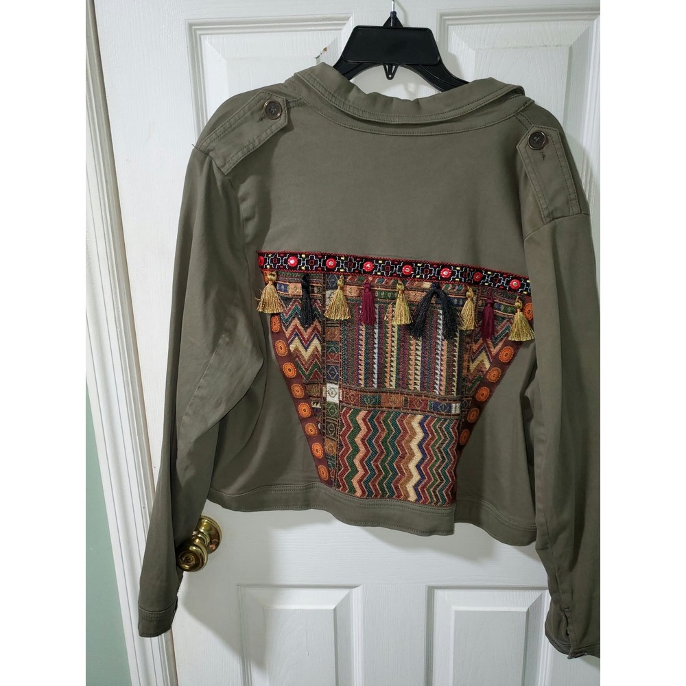 Wonderly Olive Green Utility Jacket Tapestry Tassel Back Raw Hem Women 2X